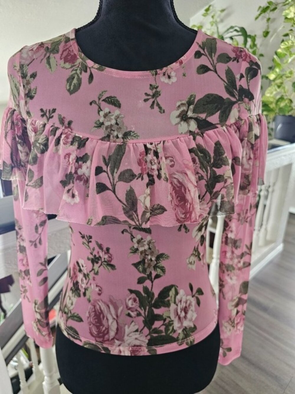 Polly & Esther Pink Floral Ruffle Mesh Long-Sleeve Top